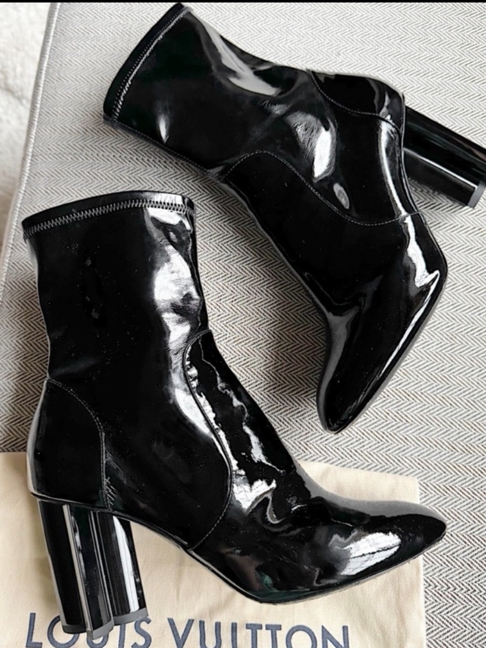 Louis Vuitton Silhouette Black Patent Ankle Flower Monogram Heel Boots  39